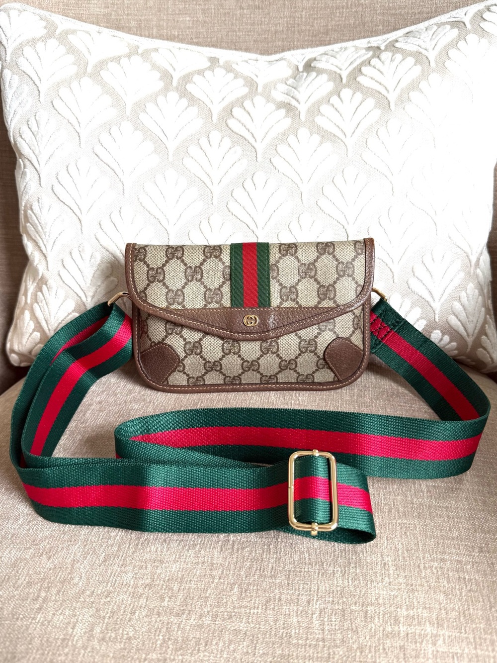 Gucci authentic brown monogram pouch small bag crossbody ribbon strap added